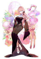 Rule 34 | 1girl, :d, balloon, bare shoulders, beamed eighth notes, black dress, black sleeves, blue eyes, breasts, commentary request, detached sleeves, dress, flower, gloves, half gloves, heart balloon, high heels, highres, holding, holding wand, long hair, long sleeves, looking at viewer, medium breasts, megurine luka, musical note, open mouth, pink flower, pink hair, pink rose, rose, shoes, signature, simple background, smile, solo, star balloon, twitter username, very long hair, vocaloid, wand, white background, white flower, white footwear, white gloves, wide sleeves, yuuki kira