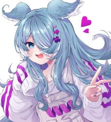 Rule 34 | 1girl, animal ears, blue eyes, dragon ears, dragon girl, elira pendora, elira pendora (1st costume), grey overalls, hair over one eye, head wings, heart, nail polish, nijisanji, nijisanji en, one eye covered, open mouth, overalls, portrait, purple nails, sleeves past fingers, sleeves past wrists, smile, solo, sweater, uiui (user gupd8487), v, virtual youtuber, white background, white sweater, wings