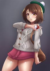 Rule 34 | 1girl, bag, blush, brown eyes, brown hair, child, creatures (company), dress, feet out of frame, game freak, gen 8 pokemon, gloria (pokemon), grey background, grey jacket, hat, highres, jacket, legs, legs together, looking at viewer, mistynight, neck, nintendo, pink dress, pokemon, pokemon swsh, shiny skin, short hair, solo, tam o&#039; shanter, thick thighs, thighs