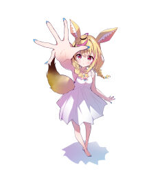 Rule 34 | 1girl, absurdres, alternate costume, alternate hairstyle, animal ear fluff, animal ears, bare shoulders, black hair, blonde hair, blue nails, blush, braid, breasts, dress, epilogue in the attic (hololive), fox ears, fox girl, fox tail, full body, heart, heart-shaped pupils, highres, hololive, ichijo rei, medium breasts, medium hair, multicolored hair, nail polish, official art, omaru polka, outstretched arm, parted lips, pink hair, purple eyes, reaching, reaching towards viewer, shadow, sidelocks, simple background, sleeveless, sleeveless dress, solo, spaghetti strap, standing, streaked hair, symbol-shaped pupils, tachi-e, tail, twin braids, twintails, virtual youtuber, white background, white dress