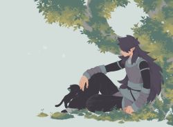 Rule 34 | 2boys, black cat, black hair, black pants, bug, butterfly, cat, fengxi (the legend of luoxiaohei), flower, grey background, insect, leaf, long hair, long sleeves, luo xiaohei, luo xiaohei (cat), luo xiaohei zhanji, multiple boys, pants, plant, pointy ears, simple background, sirakaro, tree