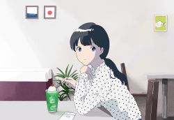 Rule 34 | 1girl, ame (amemgmgmg), bad id, bad pixiv id, black hair, blue eyes, chair, closed mouth, commentary request, dot nose, food, from side, head rest, highres, ice cream, ice cream spoon, long sleeves, looking at viewer, looking to the side, original, painting (object), polka dot, ponytail, sitting, smile, solo, spoon, table
