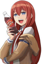Rule 34 | 1girl, :d, blue eyes, bottle, brown hair, brown jacket, dr pepper, from side, highres, holding, holding bottle, jacket, long hair, looking at viewer, makise kurisu, necktie, open mouth, red necktie, sakata s2023, shirt, simple background, smile, solo, steins;gate, upper body, white background, white shirt