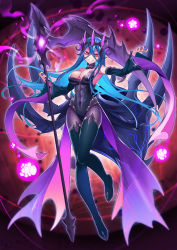 Rule 34 | 1girl, absurdres, arthropod girl, arthropod limbs, baniran dorosu, bare shoulders, black nails, blue hair, breasts, commentary request, crown, detached collar, detached sleeves, fingernails, grin, hair between eyes, highres, insect girl, large breasts, long hair, looking at viewer, magic, nail polish, original, red eyes, scythe, sharp fingernails, smile, solo, spider girl, thighhighs, very long hair, waist cape, wide sleeves, witch