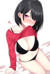Rule 34 | 1girl, absurdres, arm support, black bra, black hair, black panties, bra, breasts, cleavage, clothes in mouth, clothes lift, hair over one eye, highres, ichiki 1, large breasts, lifted by self, long sleeves, looking at viewer, mole, mole on breast, mouth hold, navel, no pants, original, panties, purple eyes, red shirt, shirt, shirt in mouth, shirt lift, short hair, sidelocks, simple background, sitting, solo, stomach, string bra, string panties, thighs, underwear, white background