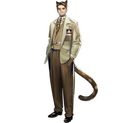 Rule 34 | 1boy, animal ears, arknights, black footwear, brown hair, brown pants, collared shirt, ferdinand (arknights), formal, hands in pockets, id card, jacket, leopard ears, leopard tail, looking at viewer, necktie, norizc, official art, pants, rhine lab logo, shirt, shoes, short hair, smile, solo, standing, suit, tail, white shirt