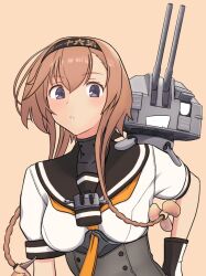 Rule 34 | 1girl, black gloves, black sailor collar, braid, chou-10cm-hou-chan (teruzuki&#039;s), commentary request, corset, creature, creature on shoulder, cropped torso, gloves, grey eyes, hair ornament, kantai collection, light brown hair, long hair, looking at viewer, mutagimi, neckerchief, on shoulder, propeller hair ornament, sailor collar, teruzuki (kancolle), translation request, twin braids, upper body, yellow neckerchief