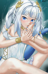Rule 34 | 1girl, artist request, bangle, barefoot, blue eyes, blue hair, blue nails, blush, bracelet, feet, fins, fish tail, foot grab, gawr gura, hair intakes, hair ornament, hair tubes, highres, hololive, hololive english, jewelry, long hair, looking at viewer, multicolored hair, nail polish, open mouth, panties, panty peek, pixiv id, shark girl, shark hair ornament, shark tail, signature, skirt, smelling, smelling feet, solo, tail, toenail polish, toenails, toes, twitter username, underwear, underwear peek, upskirt, virtual youtuber, white hair, white panties, white skirt