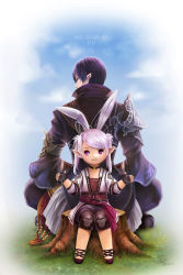 Rule 34 | 10s, 1boy, 1girl, animal ears, black hair, elezen, elf, final fantasy, final fantasy xiv, lalafell, looking back, pink hair, pointy ears, rabbit ears, riskyin, sitting, size difference, smile, tree stump, twintails