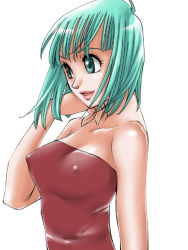 Rule 34 | 1girl, :d, aqua eyes, aqua hair, bare arms, bare shoulders, breasts, bulma, collarbone, covered erect nipples, dragon ball, dragonball z, female focus, lips, lipstick, makeup, neck, nipples, open mouth, red tube top, short hair, simple background, smile, solo, strapless, tube top, upper body, white background