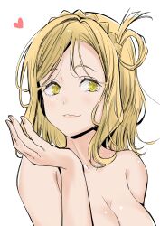Rule 34 | 1girl, absurdres, blonde hair, breasts, cleavage, closed mouth, collarbone, commentary request, hand up, heart, highres, looking at viewer, love live!, love live! sunshine!!, medium breasts, medium hair, nude, ohara mari, single hair ring, solo, tommer, upper body, white background, yellow eyes