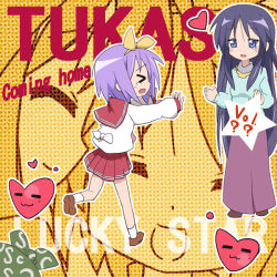 Rule 34 | &gt; &lt;, 00s, 2girls, age difference, black hair, blue eyes, closed eyes, full body, hiiragi miki, hiiragi tsukasa, ixy, long skirt, long sleeves, lucky star, mother and daughter, multiple girls, outstretched arm, pink hair, pleated skirt, red skirt, sailor collar, school uniform, serafuku, short hair, skirt, sweater, text focus