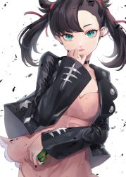 Rule 34 | 1girl, asymmetrical bangs, black choker, black jacket, black nails, choker, closed mouth, commentary request, creatures (company), dress, dusk ball, earrings, eyelashes, game freak, green eyes, hair ribbon, hand up, highres, holding, holding poke ball, jacket, jewelry, looking at viewer, marnie (pokemon), nail polish, nintendo, open clothes, open jacket, pink dress, poke ball, pokemon, pokemon swsh, red ribbon, ribbon, solo, subaru (su baru), twintails
