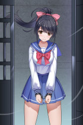 Rule 34 | 1girl, absurdres, black hair, blush, bow, brown eyes, character request, clenched hands, collarbone, commentary request, commission, copyright request, cuffs, dress, female focus, haimei1980, hair bow, handcuffs, highres, long hair, looking at viewer, pixiv commission, ponytail, prison cell, sailor collar, sailor dress, sailor shirt, school uniform, serafuku, shirt, smile, solo, standing