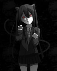 Rule 34 | 1girl, animal ears, bad id, bad twitter id, black background, black hair, cat ears, cat tail, commentary, cowboy shot, english commentary, gesugao, glowing, glowing eyes, grey background, greyscale, highres, k-on!, kemonomimi mode, monochrome, nakano azusa, pantsu shot, patterned background, paw pose, pleated skirt, red eyes, red theme, sakuragaoka high school uniform, school uniform, simple background, skirt, sneer, solo, spot color, tail, twintails, upper body
