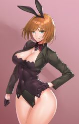 Rule 34 | 10s, 1girl, :&gt;, animal ears, black gloves, brave witches, breasts, brown background, brown hair, cleavage, corset, covered navel, cowboy shot, cropped jacket, cross, damegane, detached collar, fake animal ears, gloves, green eyes, green jacket, gundula rall, hairband, half gloves, hand on own hip, highres, iron cross, jacket, large breasts, leotard, looking at viewer, playboy bunny, rabbit ears, short hair, simple background, smile, solo, strike witches, thighs, world witches series