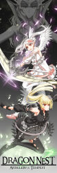 Rule 34 | 10s, archer (dragon nest), blonde hair, cross akiha, detached sleeves, dragon nest, gloves, highres, long hair, pointy ears, red eyes, thighhighs, weapon, white hair, wings
