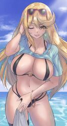 Rule 34 | 1girl, absurdres, bikini, black bikini, blue sky, bracelet, breasts, calmgreentori, cleavage, cloud, commentary, cowboy shot, earrings, english commentary, eyewear on head, groin, hand in own hair, highres, jewelry, large breasts, looking at viewer, mythra (xenoblade), navel, one eye closed, outdoors, sky, solo, star (symbol), star earrings, sunglasses, swimsuit, thigh strap, tongue, tongue out, upper body, xenoblade chronicles (series), xenoblade chronicles 2