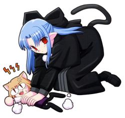 Rule 34 | 00s, 2girls, angry, blue hair, cat tail, half updo, len (tsukihime), long hair, melty blood, multiple girls, neco-arc, neko arc, pointy ears, red eyes, ribbon, sweater, tail, tsukihime, type-moon, white sweater
