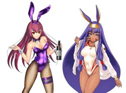 Rule 34 | aiuti, animal ears, bottle, bow, bowtie, breasts, bridal garter, cleavage, commentary request, competition swimsuit, cowboy shot, cup, dark-skinned female, dark skin, detached collar, drinking glass, earrings, facial mark, fake animal ears, fate/grand order, fate (series), fishnet legwear, fishnets, hoop earrings, jackal ears, jacket, jewelry, leotard, long hair, looking at viewer, low-tied long hair, medium breasts, nitocris (fate), nitocris (swimsuit assassin) (second ascension) (fate), official alternate costume, one-piece swimsuit, pantyhose, playboy bunny, purple eyes, purple hair, purple leotard, purple neckwear, rabbit ears, rabbit tail, red eyes, scathach (fate), scathach (piercing bunny) (fate), simple background, strapless, strapless leotard, swimsuit, tail, very long hair, white background, white jacket, white one-piece swimsuit, wine bottle, wine glass, wrist cuffs