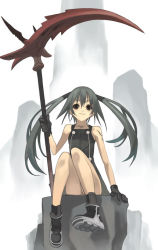 Rule 34 | 1girl, black hair, boots, brown eyes, dress, female focus, full body, gloves, long hair, nagi ryou, rock, scythe, sitting, sitting on rock, sleeveless, smile, solo, tattoo, twintails, two side up, weapon