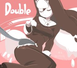 Rule 34 | 1girl, 770mk, alternate color, brown hair, character name, covered navel, cross, cross necklace, double (skullgirls), closed eyes, food, habit, ice cream, jewelry, lying, necklace, nun, on side, pink background, skullgirls, solo, spoon