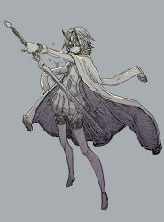 Rule 34 | 1girl, closed mouth, coat, eyepatch, fingernails, fur-trimmed coat, fur trim, grey background, hair between eyes, hatching (texture), holding, holding sword, holding weapon, horns, jacket, jacket on shoulders, katana, long fingernails, phantasy star, phantasy star online 2, prototype-d, sharp fingernails, short hair, simple background, sketch, skirt, smile, solo, sword, thighhighs, weapon, yellow eyes