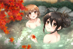 Rule 34 | 2girls, :d, ahoge, autumn leaves, black hair, blush, breasts, brown eyes, brown hair, closed mouth, collarbone, commentary request, from behind, hair between eyes, hair bun, hair ornament, hairclip, leaf, looking at viewer, looking back, maple leaf, medium breasts, multiple girls, nude, onsen, open mouth, partially submerged, shakugan no shana, shana, short hair, single side bun, smile, tachitsu teto, water, yoshida kazumi