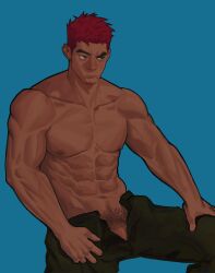 Rule 34 | 1boy, abs, absurdres, bara, clothes pull, dark-skinned male, dark skin, earrings, edeued (dpemrmfla), facial hair, feet out of frame, goatee, goatee stubble, highres, jewelry, large pectorals, long sideburns, looking to the side, male focus, male pubic hair, mature male, muscular, muscular male, navel, nipples, no male underwear, original, pants, pants pull, pectorals, penis, penis peek, pubic hair, raised eyebrow, red hair, short hair, sideburns, single earring, solo, stubble, thick eyebrows
