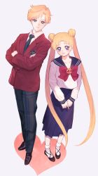 Rule 34 | 2girls, absurdres, androgynous, bishoujo senshi sailor moon, bishoujo senshi sailor moon s, blazer, blue skirt, brooch, collared shirt, full body, heart, heart brooch, height difference, highres, jacket, jewelry, long hair, looking at viewer, monsu 1004, mugen gakuen school uniform, multiple girls, neckerchief, necktie, pants, plaid, plaid pants, pleated skirt, sailor collar, school uniform, serafuku, shirt, short hair, simple background, skirt, smile, ten&#039;ou haruka, tsukino usagi, twintails, very short hair, white background, white shirt