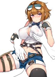 Rule 34 | 1girl, absurdres, aviator sunglasses, breasts, brown hair, cleavage, commentary, covered erect nipples, denim, denim shorts, eyewear on head, girls&#039; frontline, grizzly mkv (girls&#039; frontline), groping, highres, large breasts, ndgd, open clothes, open shirt, panties, purple eyes, short hair, shorts, single sock, skindentation, socks, solo focus, strap, sunglasses, sweat, thighhighs, underwear, unzipped