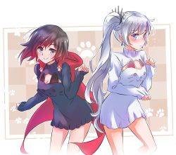 Rule 34 | 2girls, blue eyes, blush, breast cutout, cape, check commentary, cleavage cutout, clothing cutout, commentary request, grey eyes, iesupa, long hair, meme attire, multiple girls, paw pose, paw print, ruby rose, rwby, sweater, very long hair, weiss schnee, white hair