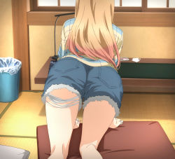 Rule 34 | 1girl, all fours, ass, blonde hair, blouse, from behind, highres, jewelry, kitagawa marin, long hair, multicolored shirt, nail polish, pillow, ring, screencap, shirt, shorts, sono bisque doll wa koi wo suru, stitched, thighs, third-party edit