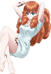 Rule 34 | 10s, 1girl, blue eyes, closed mouth, feet, highres, legs, crossed legs, long hair, looking at viewer, melie, mitsugu, no pants, orange hair, radiant, shirt, simple background, smile, tattoo, white background, white shirt