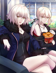 Rule 34 | 2girls, ahoge, artoria pendragon (all), artoria pendragon (fate), belt, blonde hair, bucket, car interior, casual, chicken (food), eating, fate/grand order, fate (series), fried chicken, fur trim, highres, jacket, jeanne d&#039;arc (fate), jeanne d&#039;arc alter (fate), jeanne d&#039;arc alter (ver. shinjuku 1999) (fate), jewelry, multiple girls, necklace, off shoulder, official alternate costume, pale skin, ponytail, saber alter, saber alter (ver. shinjuku 1999) (fate), shigure s, short hair, short shorts, shorts, tank top, wicked dragon witch ver. shinjuku 1999, yellow eyes