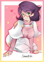 Rule 34 | 1girl, absurdres, arm support, big hair, boots, breasts, capelet, coat, creatures (company), game freak, glasses, green eyes, hand on floor, heart, highres, keitenstudio, large breasts, long sleeves, nintendo, open mouth, pink-framed eyewear, pink sweater, pokemon, pokemon sm, purple hair, ribbed sweater, seiza, sitting, skirt, star (symbol), sweater, teeth, thigh boots, turtleneck, turtleneck sweater, white capelet, white coat, white skirt, wicke (pokemon)