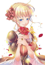 Rule 34 | 00s, 1girl, beatrice (umineko), blonde hair, blue eyes, breasts, bug, butterfly, choker, dress, female focus, flower, frills, highres, insect, jewelry, natsumi kei, official art, petals, ring, rose, short hair, simple background, smile, solo, umineko no naku koro ni, white background