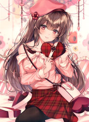 Rule 34 | 1girl, bad id, bad pixiv id, bag, bare shoulders, black pantyhose, blush, collarbone, copyright request, frills, heart, heart-shaped pillow, highres, holding, long sleeves, looking at viewer, pantyhose, pillow, pink headwear, plaid, plaid skirt, red skirt, skirt, smile, solo, ttosom