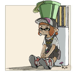 Rule 34 | 1girl, apron, badge, baseball cap, black apron, bucket, bucket on head, button badge, closed mouth, flower, full body, hat, highres, inkling, inkling girl, inkling player character, interlocked fingers, name tag, nintendo, nishikuromori, object on head, orange hair, own hands together, pen, pink flower, pocket, pointy ears, shirt, shoes, short hair, short sleeves, smiley face, sneakers, solo, splatoon (series), splatoon 2, tentacle hair, tri-slosher (splatoon), white footwear, white shirt, yellow eyes