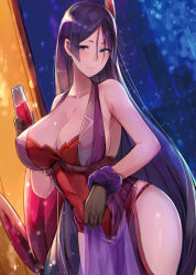 Rule 34 | 1girl, alternate costume, bare shoulders, black gloves, blush, breasts, cityscape, cleavage, closed mouth, covered erect nipples, covered navel, cowboy shot, cup, dress, drinking glass, dutch angle, fate/grand order, fate (series), gloves, hair between eyes, head tilt, holding, holding cup, holding drinking glass, indoors, large breasts, light particles, long hair, looking at viewer, luse maonang, minamoto no raikou (fate), parted bangs, pelvic curtain, purple eyes, purple hair, red dress, scrunchie, see-through, sleeveless, sleeveless dress, smile, solo, standing, straight hair, thighs, tsurime, very long hair, window, wrist scrunchie