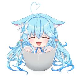 Rule 34 | 1girl, ahoge, animal ears, blue hair, blush, breasts, bucket, cleavage, cream cod, fang, hair ornament, half updo, highres, hololive, in bucket, in container, long hair, open mouth, pointy ears, simple background, skin fang, smile, solo, sweater, virtual youtuber, white background, white sweater, yukihana lamy