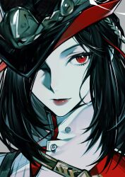 Rule 34 | 1girl, absurdres, ash echoes, black hair, black hat, character request, chinese commentary, collared shirt, commentary, hat, highres, kakukaku666, looking at viewer, lower lip only, medium hair, one eye closed, one eye covered, pale skin, parted bangs, portrait, red eyes, red lips, red shirt, shirt, solo, tricorne, two-sided fabric, two-sided headwear