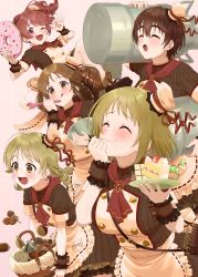 5girls :d :q absurdres acorn apron bag basket bowl breasts brown_bag brown_dress brown_hair cake carrying_over_shoulder clenched_hand curly_hair dot_nose doughnut dr._gero_(staedtler_0508) dress earrings eating facing_ahead food frilled_cuffs frills hair_between_eyes hands_up hat highres holding holding_bowl holding_food holding_plate idolmaster idolmaster_cinderella_girls jewelry large_breasts leaning_forward long_hair looking_ahead looking_at_viewer medium_hair mimura_kanako mini_hat morikubo_nono multiple_girls neckerchief oikawa_shizuku ok_sign one_eye_closed open_mouth pink_background pink_eyes plate red_neckerchief shiina_noriko short_hair short_sleeves shoulder_bag smile standing three_quarter_view tongue tongue_out totoki_airi twintails wavy_mouth whipped_cream white_apron wrist_cuffs