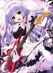 Rule 34 | 1girl, :d, absurdres, apron, black dress, black eyes, bow, bowtie, dress, elbow gloves, fang, feathers, from below, gloves, guitar, highres, holding, holding instrument, instrument, long hair, looking at viewer, maid headdress, open mouth, original, shintarou, silver hair, smile, solo, very long hair, white apron, white bow, white bowtie, white feathers, white gloves