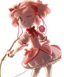 Rule 34 | 10s, 1girl, bow, bubble skirt, choker, female focus, gloves, hair ribbon, holding, holding weapon, kaname madoka, kaname madoka (magical girl), magical girl, mahou shoujo madoka magica, pink eyes, pink hair, puffy short sleeves, puffy sleeves, ribbon, short sleeves, short twintails, simple background, skirt, solo, soul gem, twintails, vividgrim, weapon, white background, white gloves