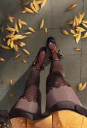 Rule 34 | 1girl, absurdres, ankle bow, ankle ribbon, black bow, black footwear, black pantyhose, black thighhighs, bow, chinese commentary, chiori (genshin impact), commentary request, female pov, from above, genshin impact, highres, leaf, leg focus, outdoors, pantyhose, pov, ribbon, skirt, solo, standing, stone floor, thighhighs, thighhighs over pantyhose, user sjxz7588, yellow skirt