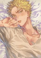 Rule 34 | 1boy, bed, bikkusama, blanket, blonde eyebrows, blonde hair, blush, chain necklace, collarbone, dog tags, embarrassed, eyebrows, face, fingernails, forehead, hair up, initial d, jewelry, looking at viewer, lying, male focus, necklace, on back, pale skin, parted bangs, parted lips, shirt, short hair, solo, solo focus, spiked hair, sweat, takahashi keisuke, tongue, white shirt, yellow eyes