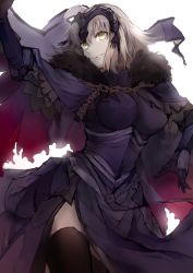 Rule 34 | 1girl, absurdres, arm up, armor, armored dress, black gloves, black thighhighs, breasts, cape, chain, cowboy shot, cross, dress, fate/grand order, fate (series), flag, fur-trimmed cape, fur trim, gloves, grey hair, hair between eyes, headpiece, highres, jeanne d&#039;arc alter (avenger) (fate), jeanne d&#039;arc alter (fate), jinkoshi itori, large breasts, long sleeves, looking at viewer, parted lips, purple cape, purple dress, short hair, side slit, simple background, smirk, solo, thighhighs, torn cape, torn clothes, white background, yellow eyes