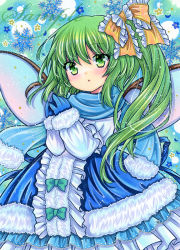 Rule 34 | 1girl, :o, blue gloves, blue ribbon, blue scarf, blush, center frills, commentary request, cowboy shot, daiyousei, fairy wings, frilled ribbon, frills, fur-trimmed jacket, fur-trimmed scarf, fur-trimmed sleeves, fur trim, gloves, green background, green eyes, green hair, hair ribbon, head tilt, jacket, long hair, looking at viewer, marker (medium), one side up, open mouth, own hands together, ribbon, rui (sugar3), sample watermark, scarf, snowflakes, solo, touhou, traditional media, watermark, wings, yellow ribbon