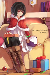 Rule 34 | 10s, 1girl, 2013, artist name, bad id, bad pixiv id, black hair, black thighhighs, book, boots, christmas, clock, cross-laced footwear, dress, english text, highres, lace-up boots, merry christmas, original, paradise, red eyes, santa costume, short hair, sitting, solo, swd3e2, thighhighs, wooden floor
